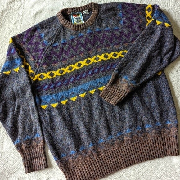 80s Vintage Concrete Knit Multi Color Geometric Crewneck Sweater Medium - Picture 1 of 9